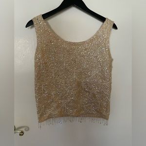 Vintage 1950s or 1960s Cream Beaded and Sequined 100% Wool Sweater Top